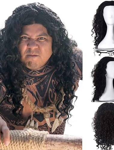  parrucche nere per uomo moana maui parrucche cosplay parrucca media lunga riccia nera naturale sintetica per uomo (maui cosplay per uomo) parrucche halloween