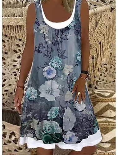  Women\'s Shift Dress Knee Length Dress Khaki Light Blue Sleeveless Floral Print Fake two piece Spring Summer U Neck Casual Classic 2022 S M L XL XXL 3XL