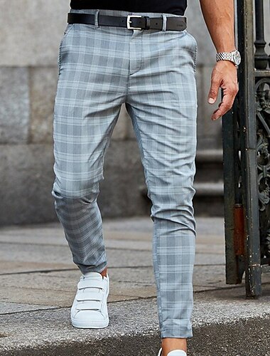 Men\'s Skinny Chinos Trousers Jogger Pants Plaid Dress Pants Pocket Lattice Breathable Soft Business Casual Daily Fashion Streetwear Blue Yellow