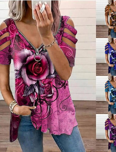  Damenoberteile T-Shirt aushoehlen Schulter Kurzarm Freizeitbluse Hemden Blumendruck V-Ausschnitt Reissverschlusshemd