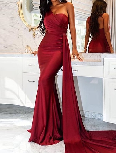  Women‘s Formal Party Dress Bodycon Sheath Dress Long Dress Maxi Dress Red Sleeveless Pure Color Lace up Fall Spring Autumn One Shoulder Weekend Loose Fit 2023 S M L XL