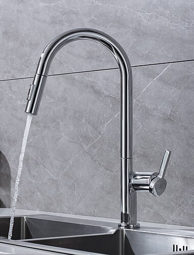  keukenkraan met uittrekbare spray, enkele handgreep eengats messing hoge boog 2 standen 360 ° draaibare moderne eigentijdse keukenkranen