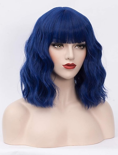 perruques bleu fonce | Perruque courte ondulee pastel avec frange aerienne pour filles, perruques de cosplay synthetiques d\'aspect naturel jusqu\'aux epaules (14", bleu fonce)