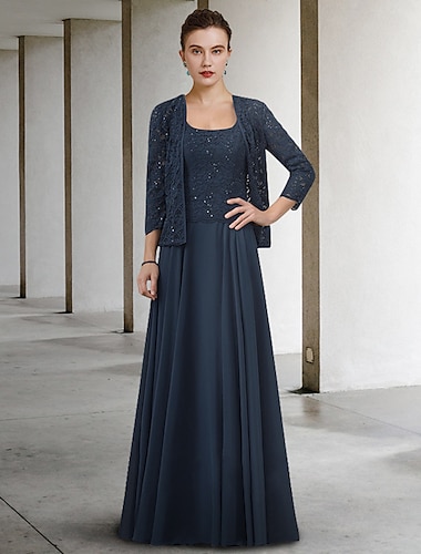  Two Piece A-Line Mother of the Bride Dress Elegant Jewel Neck Floor Length Chiffon Lace Half Sleeve with Pleats 2024
