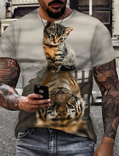  Men\'s T shirt Tee Animal Cat Tiger Crew Neck Gray 3D Print Outdoor Street Short Sleeve Print Clothing Apparel Sports Fashion Sportswear Casual / Summer / Spring / Summer