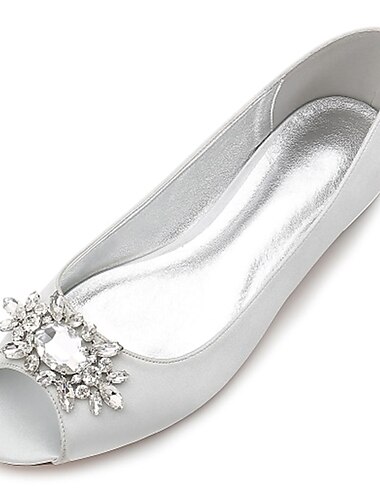  Women\'s Wedding Shoes Sparkling Shoes Bridal Shoes Crystal Flat Heel Peep Toe Basic Satin Loafer Silver Black White