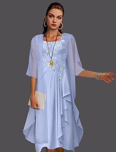  Two Piece A-Line Mother of the Bride Dress Wedding Guest Elegant Scoop Neck Knee Length Chiffon Lace Sleeveless Jacket Dresses with Pleats Appliques 2024