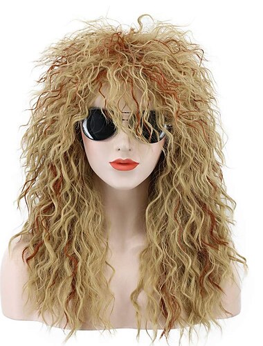 uomo donna lungo riccio arancione mix biondo anni '70 parrucca rocker heavy metal anni '80 parrucca anime costume (solo parrucca senza occhiali) parrucca carnevale