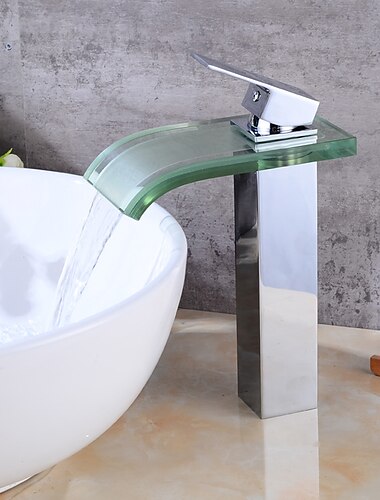 クロームウォーターフォールタップ - ガラス付き洗面台タップ - 浴室のシンク用シングルハンドル混合水栓