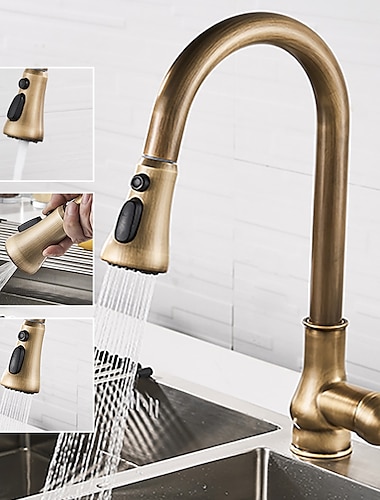  Kitchen Faucet with Sprayer,Antique Brass Pull-out 3-Function Outlet Mode Single Handle One Hole Sink Kitchen Taps with Soap Dispenser or Drain