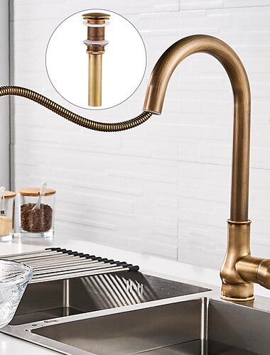 Küchenarmatur mit Sprüher, ausziehbarer 3-Funktions-Auslassmodus aus antikem Messing Einhand-Einloch-Spülbecken-Küchenarmaturen mit Seifenspender oder Abfluss