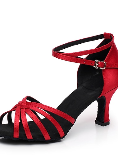  Dames Latin schoenen Ballroom schoenen Salsa schoenen Line dance Voor Binnen Oefenen Professioneel Satijn Standaard Hakken Effen kleur Wijd uitlopende hak Gesp Kruisriem Amandel Rood Zwart