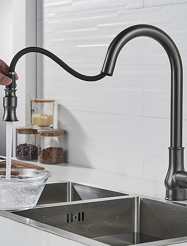  Kitchen Sink Mixer Faucet with Pull Out Sprayer Grey, 360 Swivel Single Handle Spring Kitchen Taps Deck Mounted, One Hole Brass Kitchen Sink Faucet Water Vessel Taps