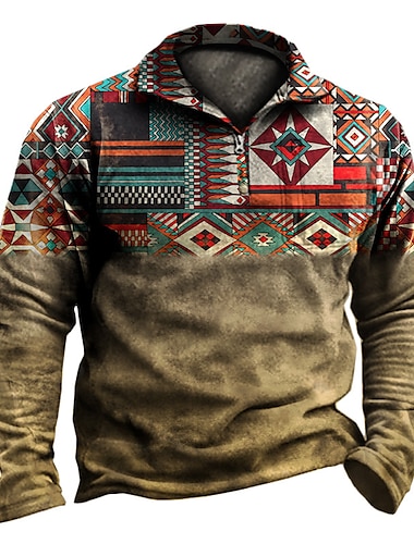  Men\'s Plus Size Sweatshirt Pullover Bohemian Style Graphic Color Block Quarter Zip Print Sports & Outdoor Casual Daily 3D Print Basic Casual Western Aztec Hoodies Sweatshirts  Long Sleeve Brown