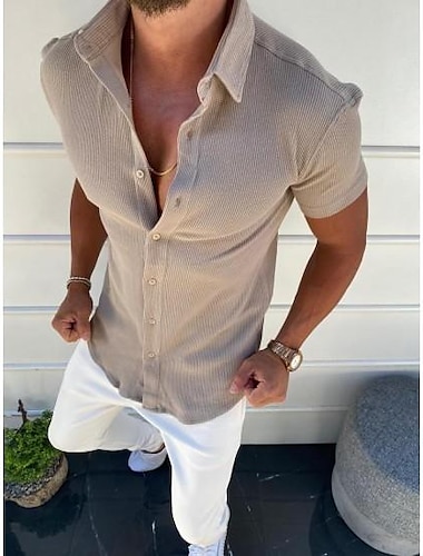  Men\'s Shirt Solid Color Turndown Street Casual Daily Button-Down Short Sleeve Tops Basic Comfortable Lightweight Summer Shirt Holiday Vacation Fashion Style