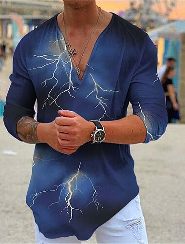  Men\'s Shirt Graphic Shirt Lightning V Neck Blue 3D Print Outdoor Casual 3D Print Clothing Apparel Fashion Designer Casual Comfortable / Long Sleeve / Sports / Long Sleeve