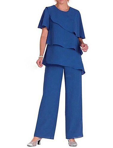  Duas Pecas Terninho Longo Vestido Para Mae dos Noivos Manga Curta Decorado com Bijuteria Elegante Tamanhos Grandes Convidado do casamento Chiffon com Babados em Cascata