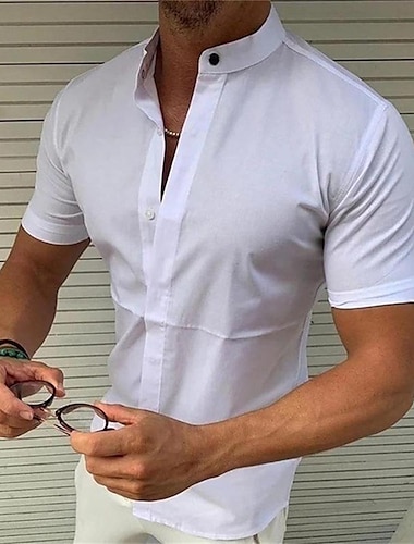  Men\'s Shirt Short Sleeve Solid Color Stand Collar White Black Red Outdoor Street Button-Down Clothing Apparel Fashion Casual Breathable Comfortable / Summer / Summer