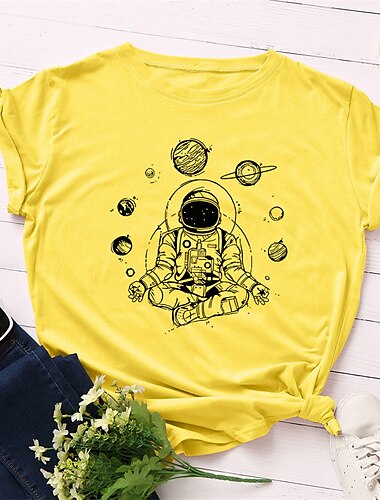  Women\'s Plus Size Tops Blouse T shirt Tee Astronaut Print Short Sleeve Crewneck Basic Streetwear Daily Vacation Cotton Spring Summer Green White