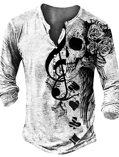  Męskie Koszula Henley Podkoszulek Koszulki Śmieszne koszulki Graficzny Czaszka Henley Biały Druk 3D Puszysta Na zewnątrz Codzienny Długi rękaw Przycisk w dół Nadruk Odzież Podstawowy Designerskie