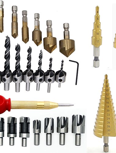 Juego de 26 piezas de brocas escalonadas para carpintería, brocas avellanadoras diy, brocas de corcho, juego de punzones centrales
