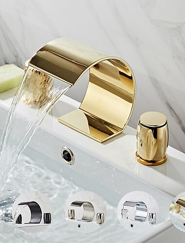  Widespread Bathroom Sink Mixer Faucet, Waterfall Arc Spout Brass 3 Hole 2 Handle Basin Tap Deck Mounted, Washroom Basin Vessel Water Tap with Hot and Cold Hose