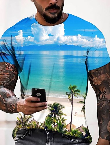  Men\'s T shirt Tee Tee Graphic Round Neck Blue 3D Print Casual Daily Short Sleeve 3D Print Clothing Apparel Fashion Cool Designer Comfortable / Summer / Summer