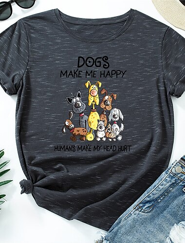  Women\'s Plus Size Tops T shirt Tee Cartoon Dog Print Short Sleeve Crew Neck Streetwear Casual Daily Going out Cotton Spring Summer Pink Dark Gray