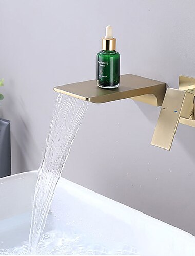 Grifo mezclador de lavabo de baño montado en la pared en cascada, grifo mezclador de lavabo de latón macizo negro mate, grifo monomando de una palanca, grifos de lavabo cromados en oro negro