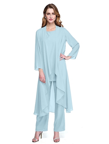  Jumpsuit / Pantsuit Mother of the Bride Dress Wedding Guest Elegant Plus Size Bateau Neck Floor Length Chiffon Sleeveless yes Wrap Included with Solid Color 2024