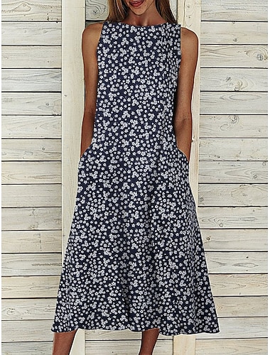  Women\'s Casual Dress Floral Dress Midi Dress Navy Blue Sleeveless Floral Ruched Summer Spring Crew Neck Casual 2023 S M L XL XXL 3XL