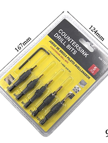 5 uds brocas hss 1/4 vástago hexagonal avellanado conjunto de carcasa de burbuja herramienta de tapper de titanio agujero piloto para carpintería tamaño #5 #6 #8 #10 #12 con una llave