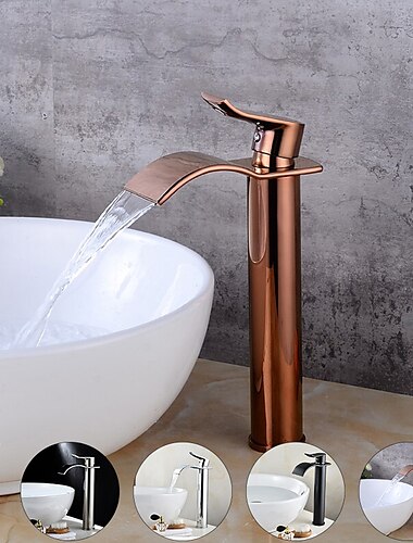  Brass Bath Sink Faucet with Drain,Waterfall Rose Gold Tall Centerset Single Handle One Hole Bath Taps with Hot and Cold Water