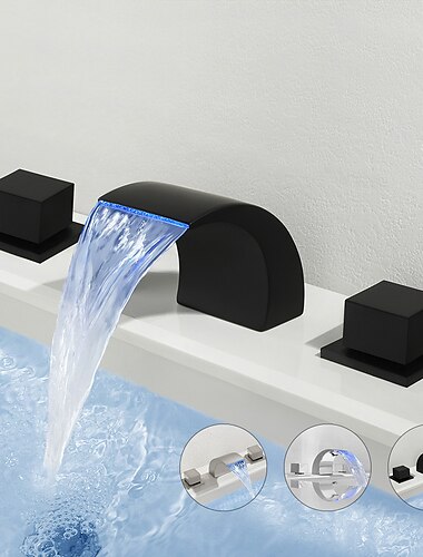  Waterfall Bathroom Sink Faucet LED Light Deck Mounted Brass, Widespread 2 Handle 3 Hole Bath Vessel Taps with Hot and Cold Water Hose