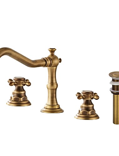  صنبور حوض الحمام ، واسع الانتشار بمقبضين ثلاث فتحات ، صنبور بالوعة الحمام من الكروم النحاسي يحتوي على خطوط إمداد وسدادة تصريف ومفتاح ساخن / بارد