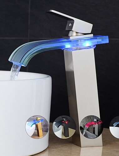  led badeværelsesvask blandingsbatteri vandfaldstuds 3 farvetemperatur, høje kar vandhaner enkeltgreb et-huls monoblok håndvaskhaner vaskerum