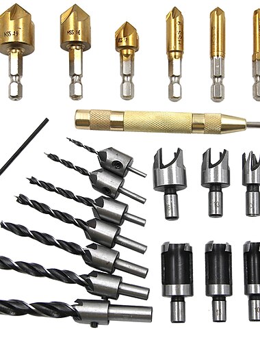 23pcs Woodworking Opening DIY Set Chamferer Three Point Countersunk Drill Cork Bit Positioning Center Punch
