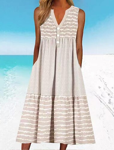  Women\'s Shift Dress Midi Dress Brown Sleeveless Striped Pocket Button Print Spring Summer V Neck Elegant Casual Vacation Loose 2022 S M L XL XXL 3XL