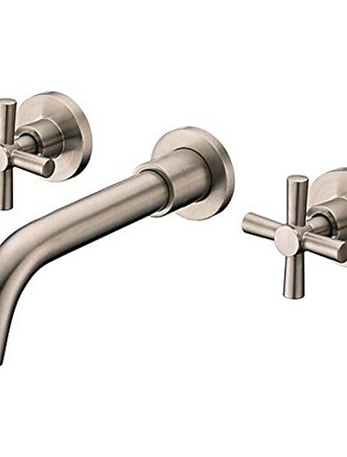  messing badkamer wastafel kraan, wandmontage wijdverspreide draaibare rose goud twee handgrepen drie holesbadkranen met warm en koud water