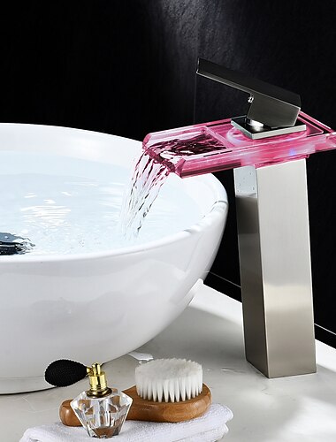 Torneira de pia de banheiro led de controle de temperatura, torneira de bacia dourada de corpo alto, torneira de banho de um furo