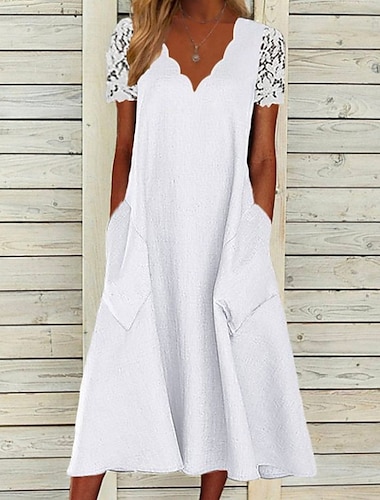  Women\'s A Line Dress Midi Dress White Short Sleeve Solid Color Ruched Spring Summer V Neck Stylish Casual 2022 3XL