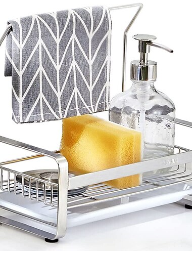 roestvrijstalen spons houder met vaatdoek droogrek aanrecht organizer caddy lade spons borstel zeep houder set met verwijderbare afvoerbak voor keuken