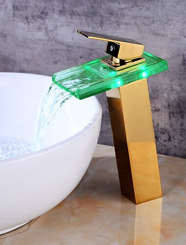  Temperature control LED Bathroom Sink Faucet,Tall Body Golden Basin Tap Single Handle One Hole Bath Tap