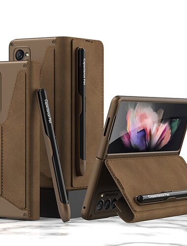 téléphone Coque Pour Samsung Galaxy Pliage en Z 7 Z Fold 6 Z Fold 5 Z Fold 4 Z Fold 3 Coque Intégrale Porte-Crayon Antipoussière Support Couleur Unie Armure faux cuir
