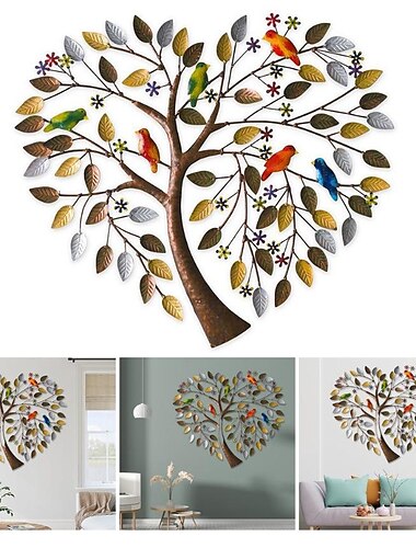  Heart Tree Metal Wall Art Heart Tree Wall Hanging Decoration Bird Flock Tree Of Life Wall Decoration 25X25CM