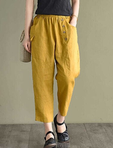  Women\'s Chinos Slacks Pants Trousers Cotton And Linen Yellow Beige Coffee Mid Waist Fashion Streetwear Casual Weekend Pocket Ankle-Length Comfort Plain M L XL XXL / Loose Fit