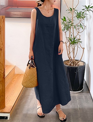  Women\'s Cotton Linen Dress Casual Dress Shift Dress Maxi long Dress Cotton Blend Basic Casual Daily Holiday Vacation Crew Neck Pocket Sleeveless Summer Spring 2023 Loose Fit Yellow Pink Red Pure Color