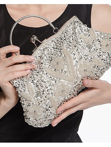  Women\'s Clutch Bags Polyester for Evening Bridal Wedding Party with Beading Vintage Fashion in Silver Black Champagne