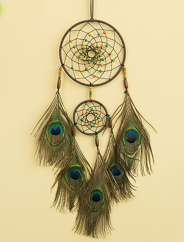 Zielony łapacz snów dwa pierścienie ręcznie robiony prezent ze szlachetnym pawim piórem, kolorowe koraliki na ścianę wystrój sztuki hak kwiat wiatr kuranty styl boho wisiorek do domu 15*55 cm