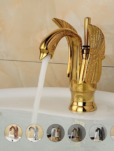  Vintage Bathroom Sink Mixer Faucet Brass Swan Shap, Monobloc Washroom Basin Taps Single Handle One Hole Deck Mounted, Mono Water Vessel Tap Hot and Cold Hose Antique